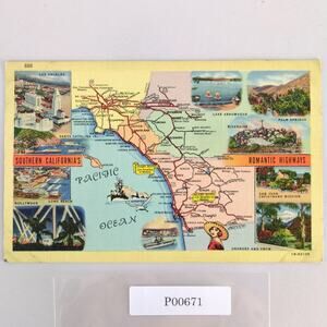 Southern California's Romantic Highways 1930s Linen Postcard Map Los Angeles +